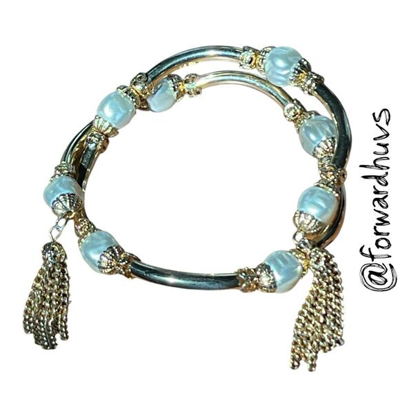 Gold Tone Wrap Bracelet – Elongated Beads, Faux Pearls, Chains & Spacers - Picture 5 of 7